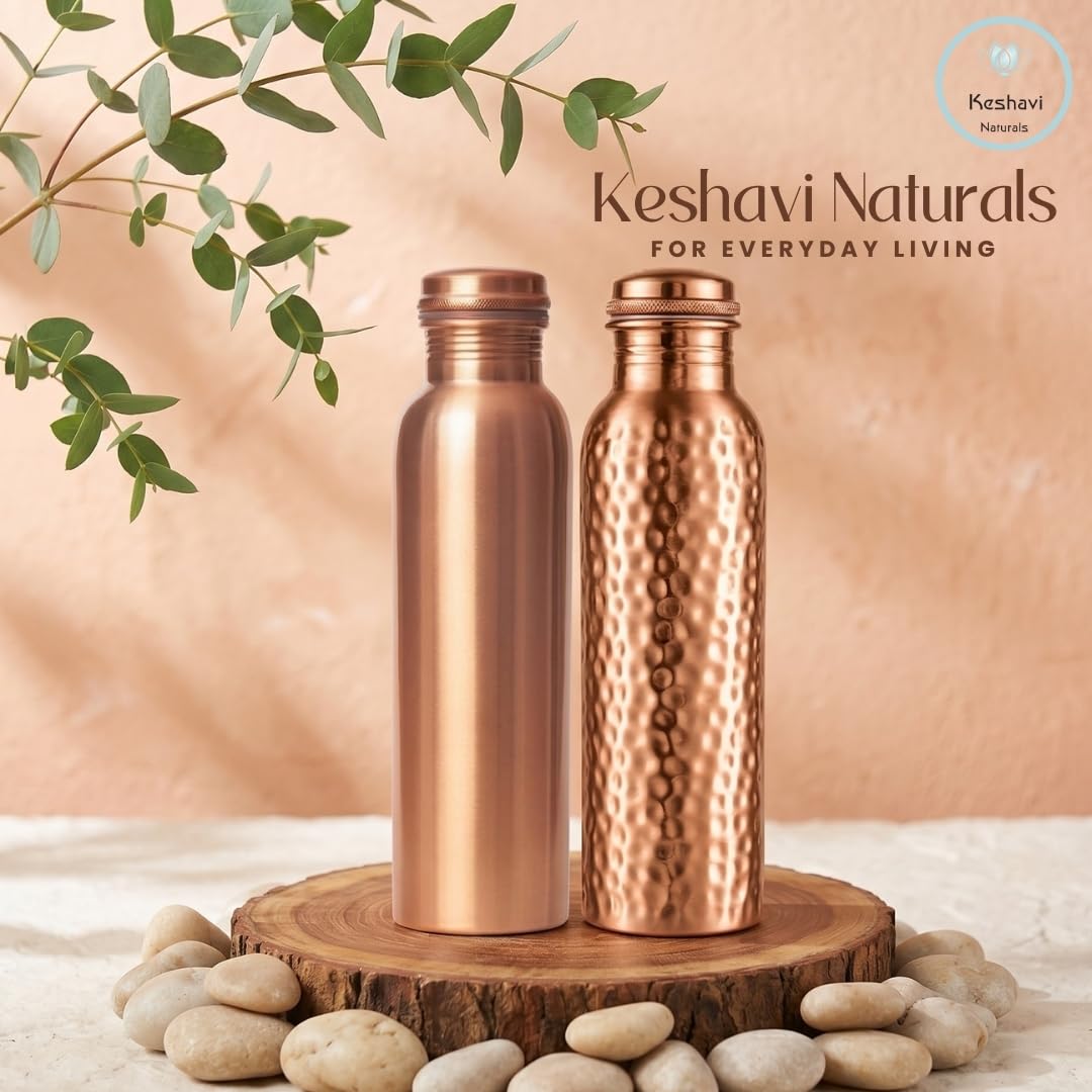 100% Pure Copper Water Bottle (Plain & Hammered Combo)