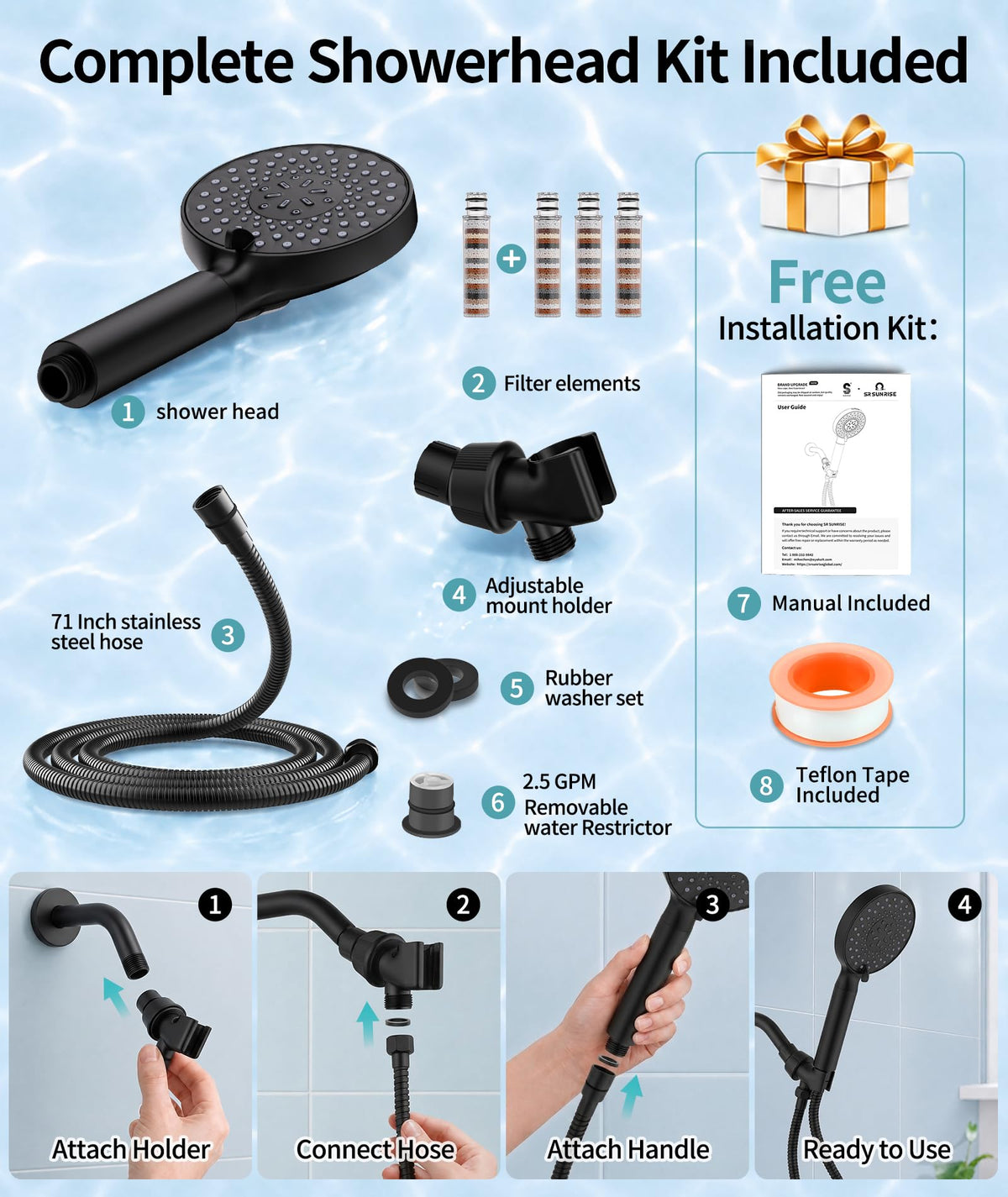 Filtered Shower Head with Handheld High Pressure 9 Spray Mode Showerhead Detachable Shower Head Water Softener Filters Beads for Hard Water Remove Chlorine 4 Filters Black (Black)