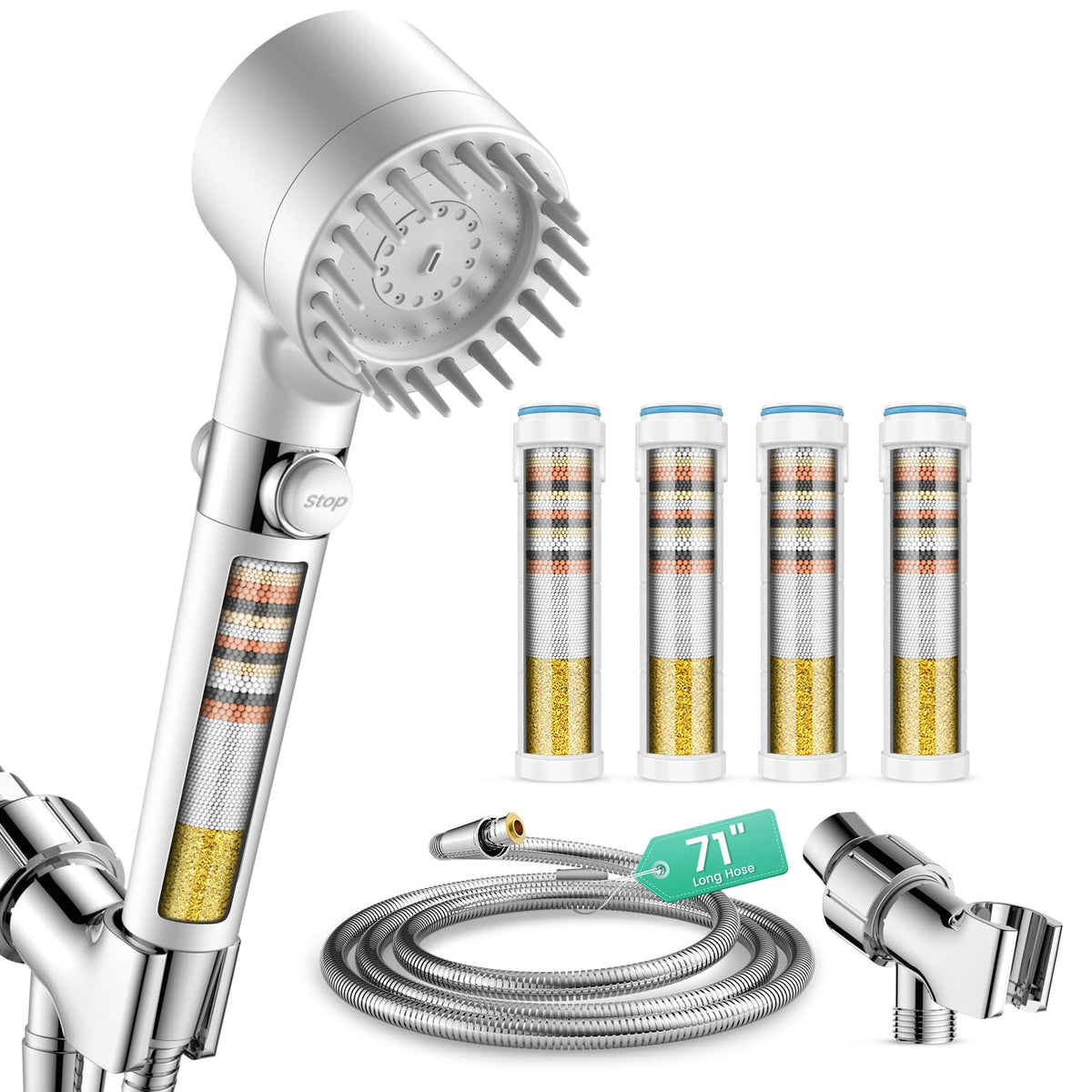 Filtered Shower Head with Handheld 4PCS Filters ShowerHead (White)