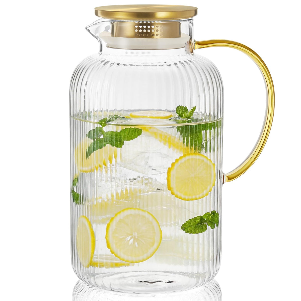 2.6 Liter 88 oz Stripes Gold Glass Pitcher with Lid and Handle (Stripes Gold / 87.9 Ounces)