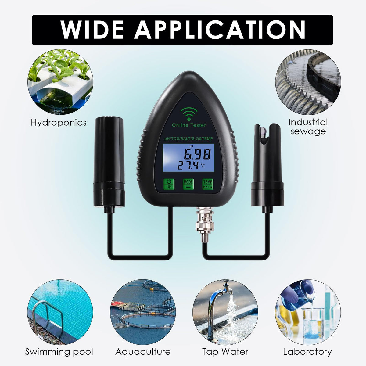 5-in-1 WiFi pH Meter Monitor, Water Quality Tester for pH TDS Salinity S.G Temperature, Tuya Smart APP Remote Monitoring with Alarm & Easy Calibration, for Aquarium Hydroponics