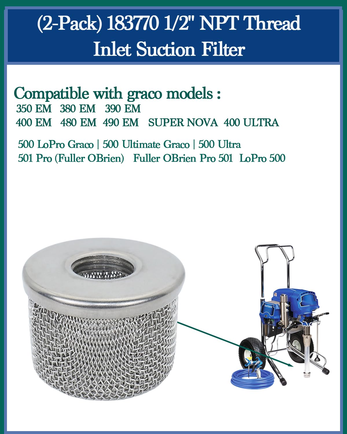 2pack) 181073 Pump Inlet Strainer Filter 1/2" NPT Thread, Double-Layer Stainless Steel Compatible withGraco 350 EM,380 EM,390 EM, 400 EM, 480 EM, 490 EM,500, Super NOVA, Paint Sprayers (2PC 1/2"NPT Inlet Strainer 181073)