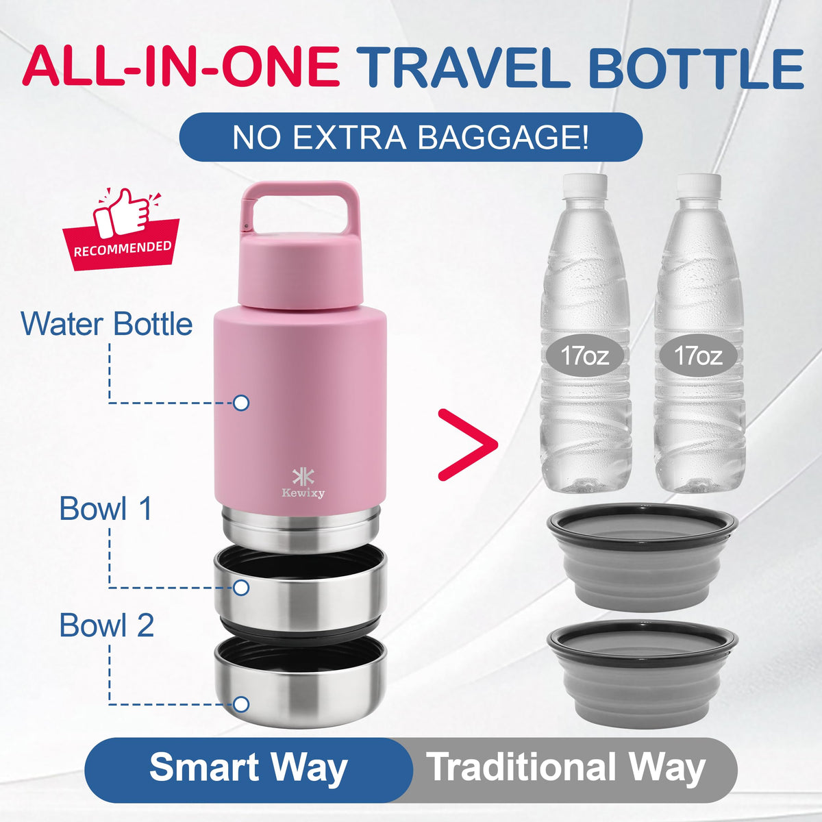 3 in 1 Insulated Dog Water Bottle with Detachable Bowls for Travel (Mauve / 32 Oz)