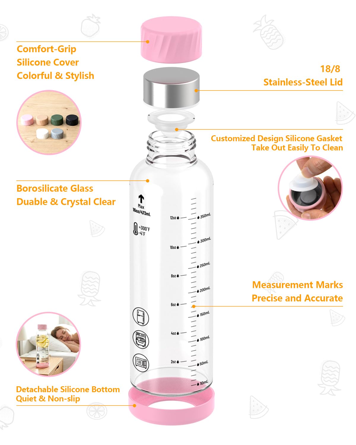 Glass Water Bottles with Stainless Steel Lid 16 oz (Pink-Amber)