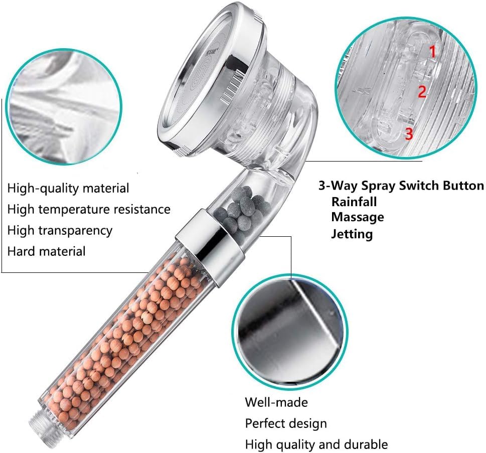 Shower Head Filter Filtration High Pressure Water Saving 3 Mode Function Spray Handheld Showerheads 1.6 GPM for Hair & Skin (Clear Shower Head + Hose + Bracket)