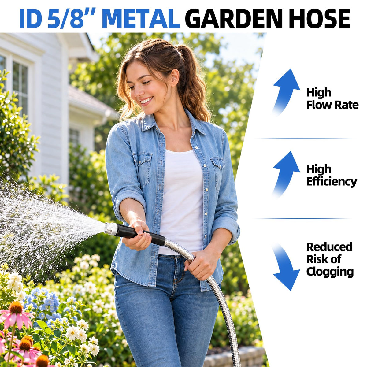 5 8" 304 Stainless Steel Metal Garden Hose 175FT with Blue Nozzle (5/8" ID x 175 FT / Sliver)