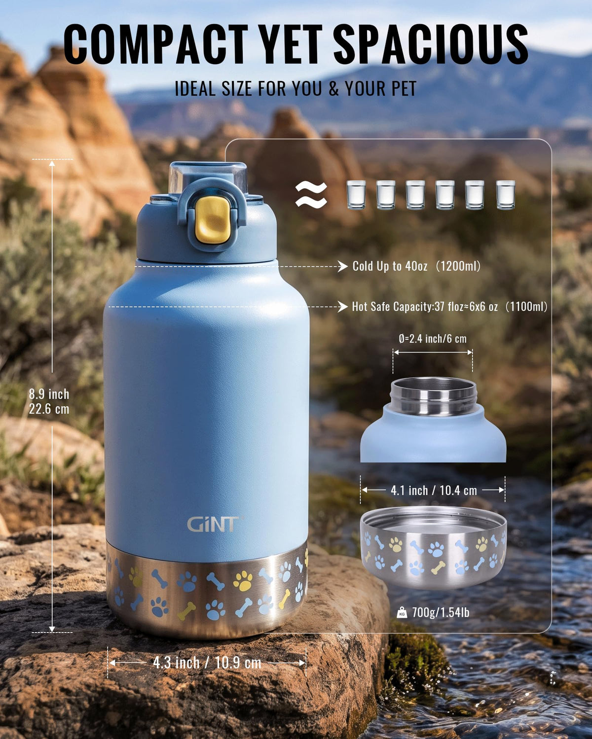 37oz 1.1L Insulated Dog Water Bottle with Carrying Case (Blue)
