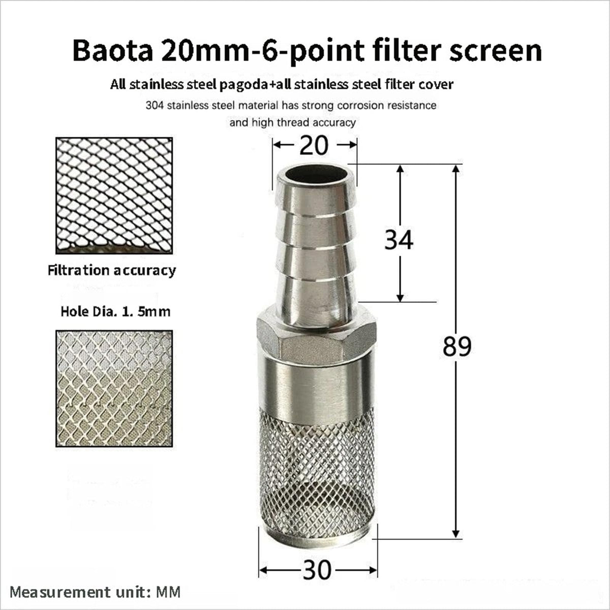 304 Stainless Steel Water Pump Filter Hose End Strainer Barbed Inline Mesh Screen (20mm 3/4 Inch)