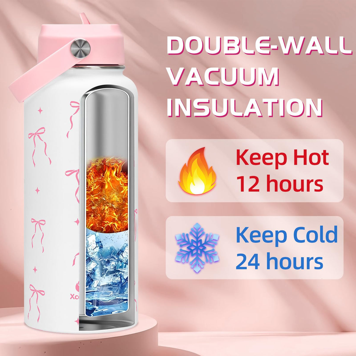 32oz Pink Bow Gift Insulated Water Bottle for Women with Straw (Pink Bow / 32 Ounces)