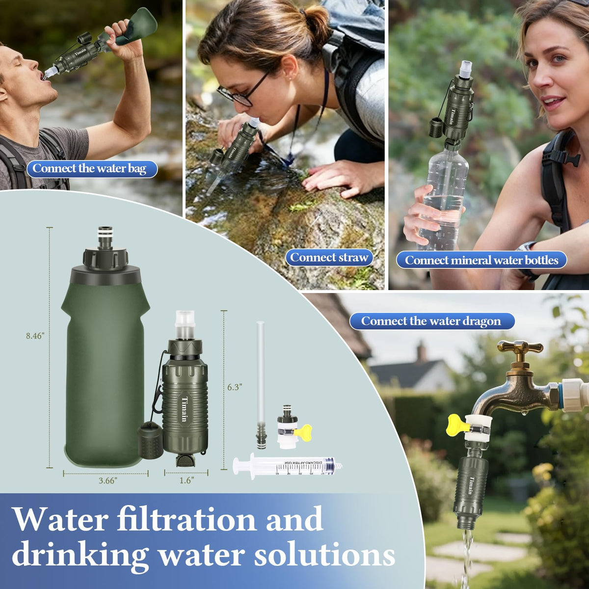Portable Personal Water Filter Straw Water Filter Survival Gear for Emergency Preparedness (Green)