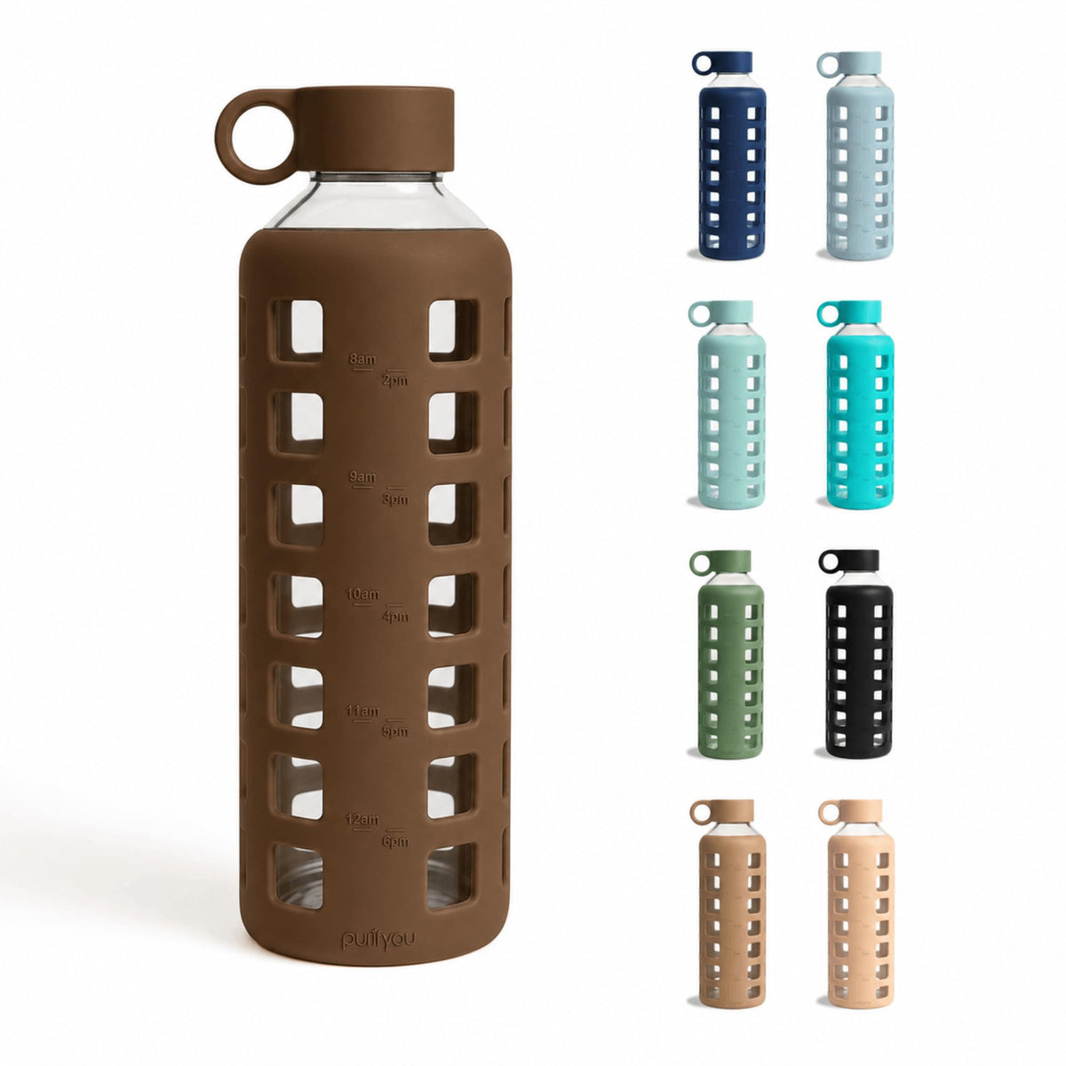 40oz / 32oz / 22oz / 12oz Borosilicate Glass Water Bottle with Time & Volume Markers, Silicone Sleeve, Stainless Steel Lid | Reusable Glass Bottle for Water & Juice (Earth Brown (1 Count) / 40 Ounces)