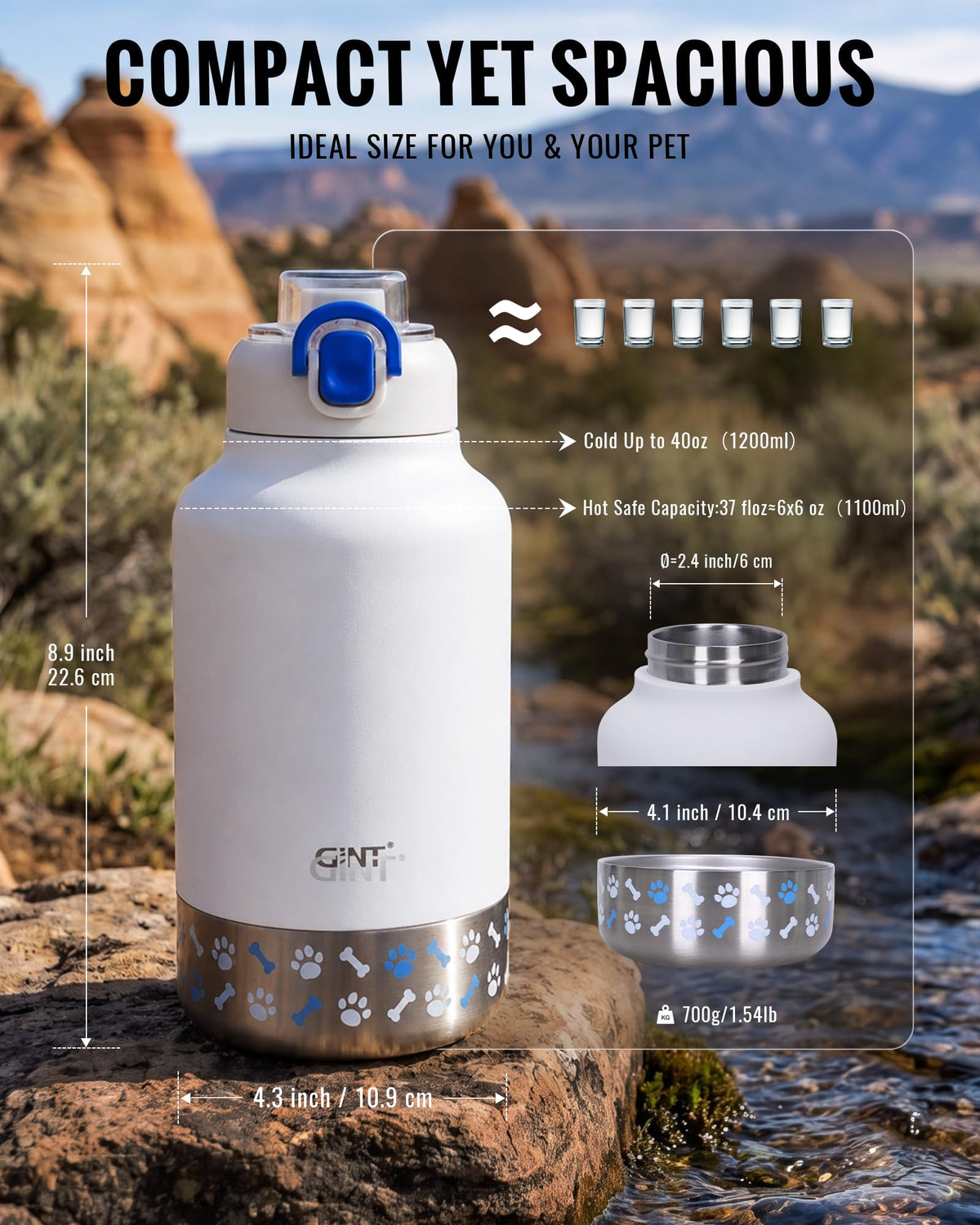 37oz 1.1L Insulated Dog Water Bottle with Carrying Case (White)