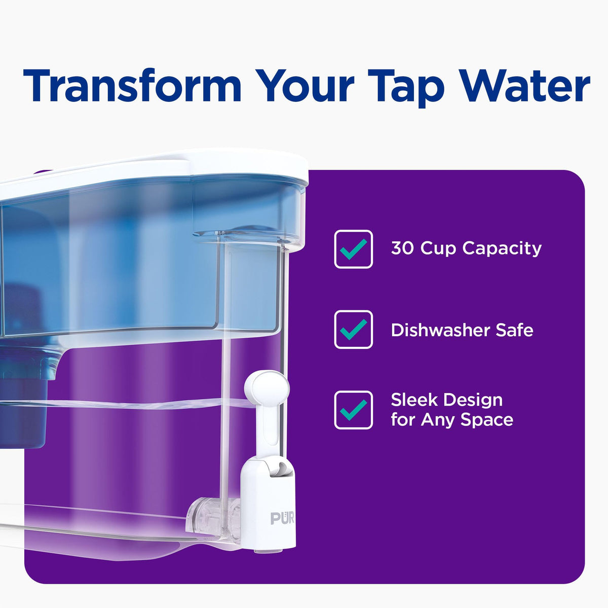 30 Cup Countertop Water Filter Dispenser for Fridge (PUR Faster Filter / White)