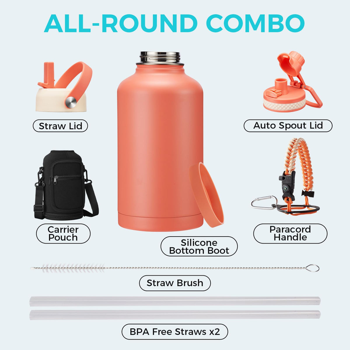 64 oz Water Bottles Insulated (Coral Orange / 64 Ounces)