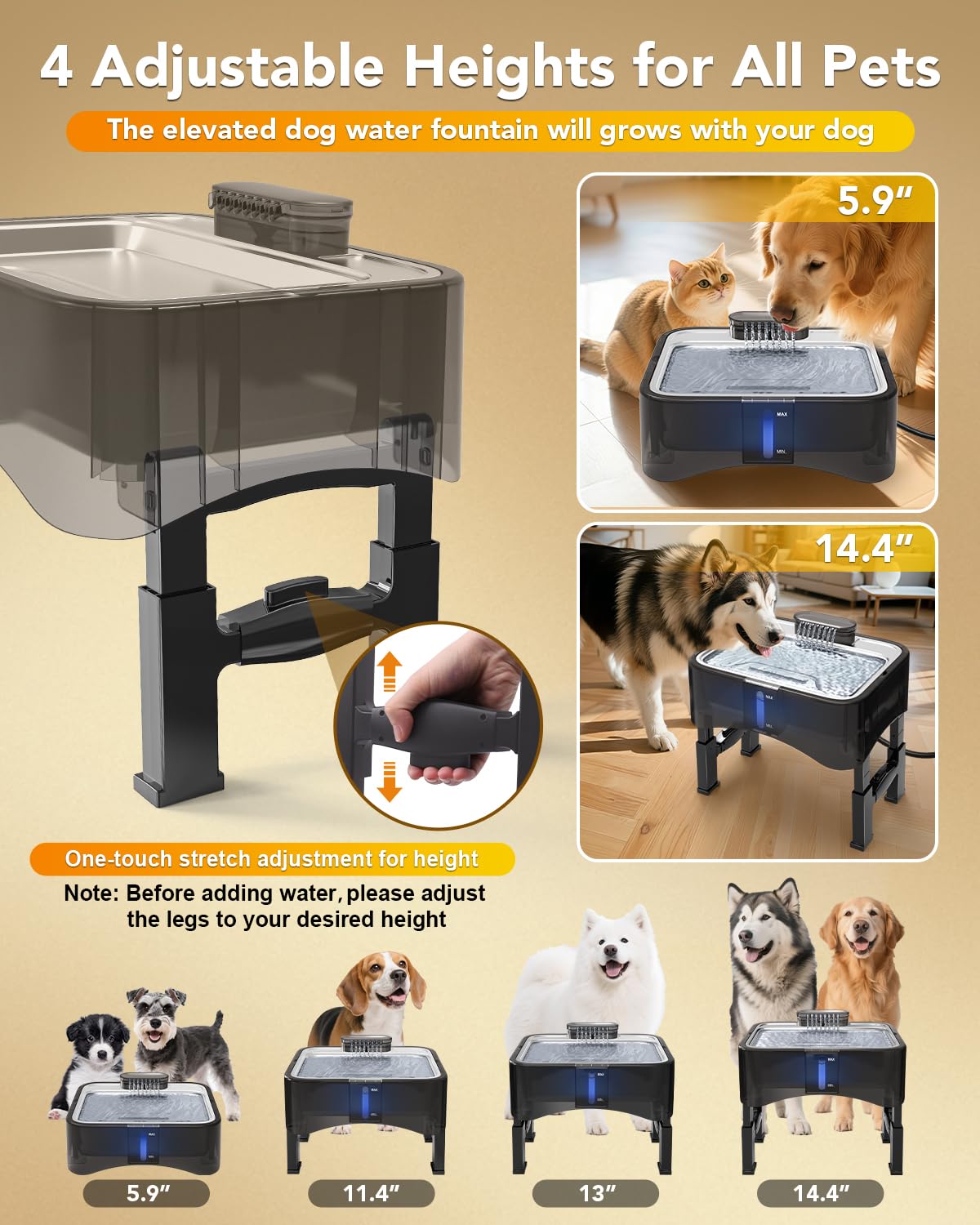8.5L Elevated Dog Water Fountain with 4 Heights Adjustable