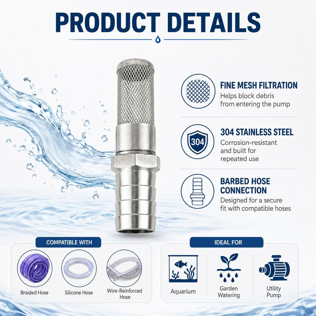 304 Stainless Steel Water Pump Filter Hose End Strainer Barbed Inline Mesh Screen (20mm 3/4 Inch)