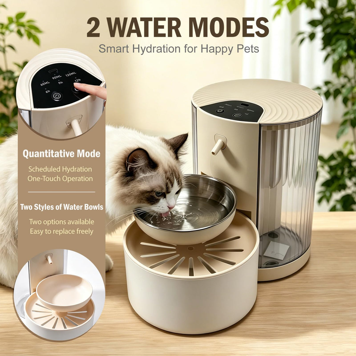 No Filter Cat Water Fountain with Stainless Steel Bowl for Cat or Dog