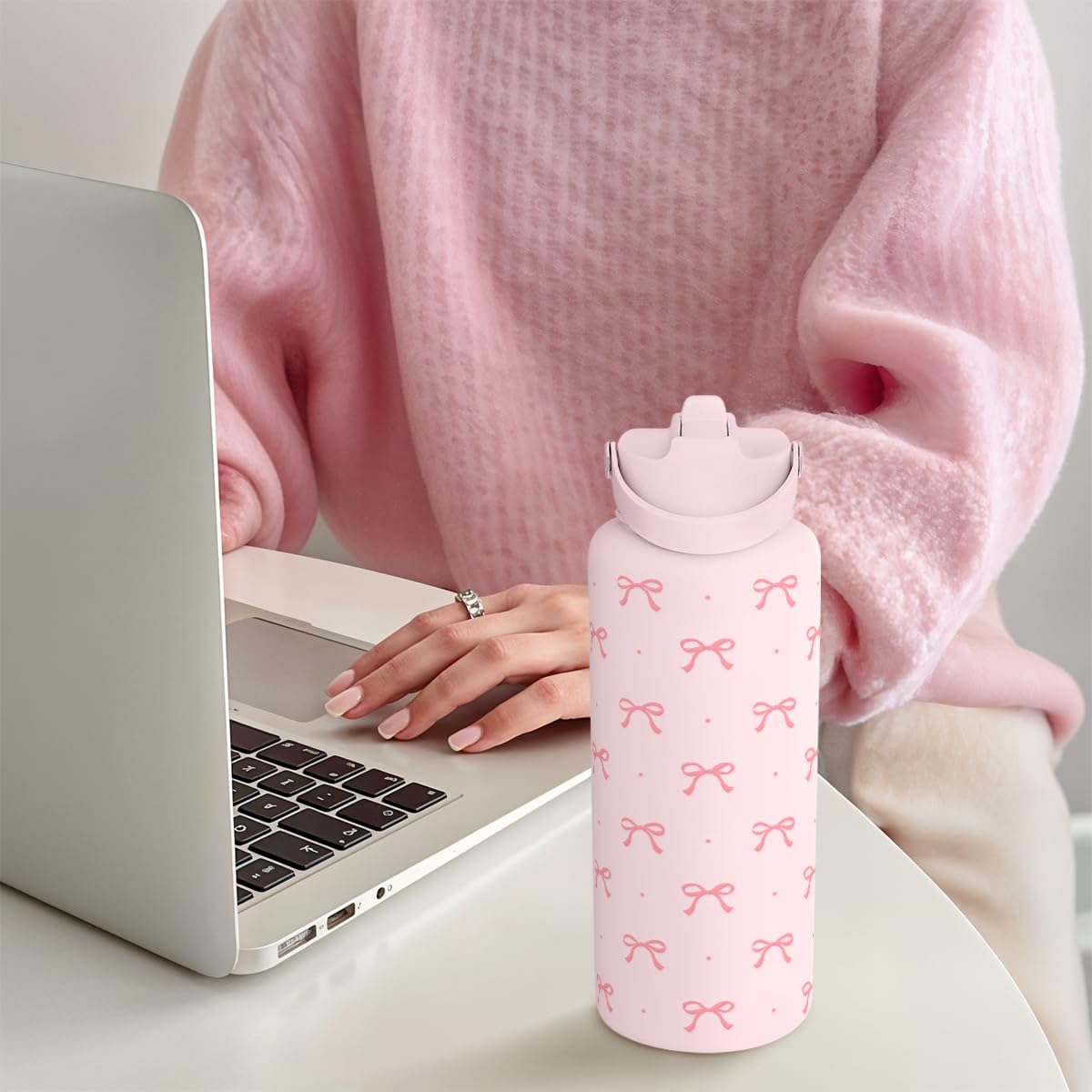 Pink Bow Water Bottle Stainless Steel Insulated Vacuum 32oz with Lid (Coquette Pink Bow)