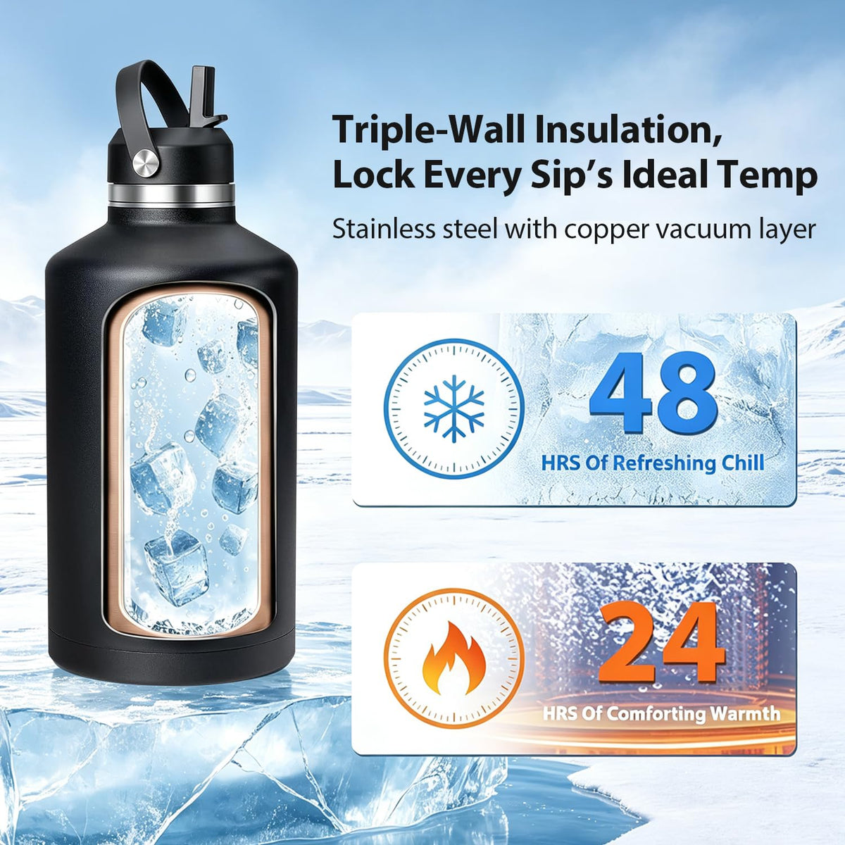 64 oz Insulated Water Bottle Stainless Steel Triple (Big-BK / 64 Ounces)