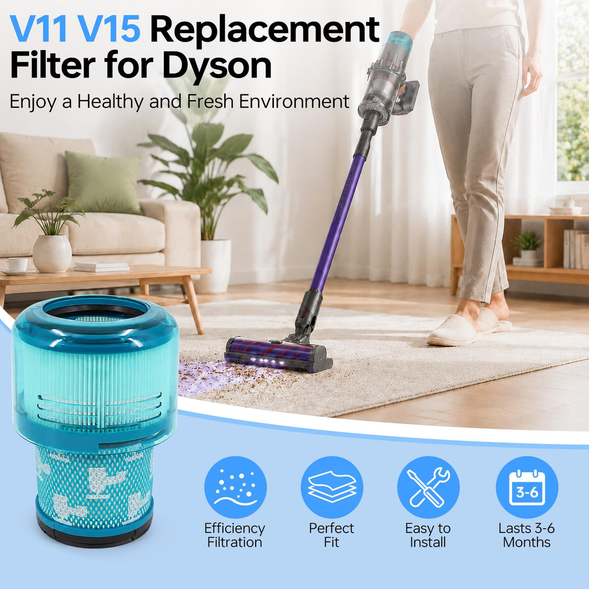 2 Pack V11 Vacuum Filter Replacement Fit for V11 V15 Cordless Vacuum (V11 V15 Blue / 2P)