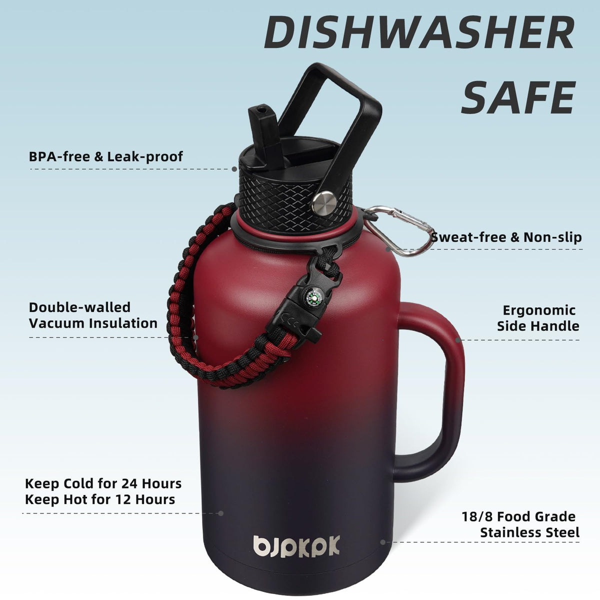 64oz Insulated Water Bottle with Straw Lid Large Stainless Steel Jug (Charming Red / 64oz-Side Handle)