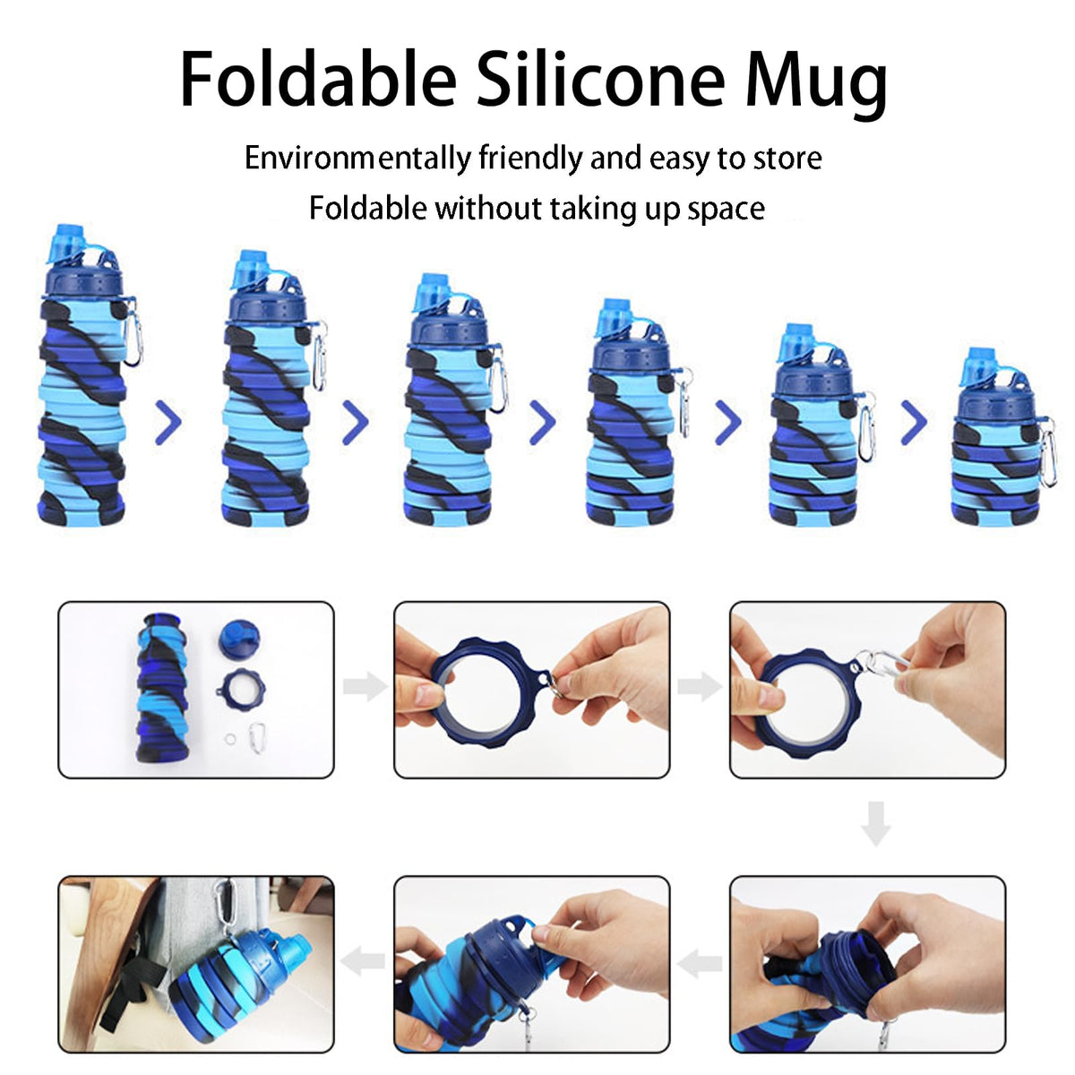 Collapsible Water Bottles Two Pack Travel Sports Portable Sport Water Bottle comes with mountaineering Buckle 500ml silicone Water (2 pack / Grey+Grey)
