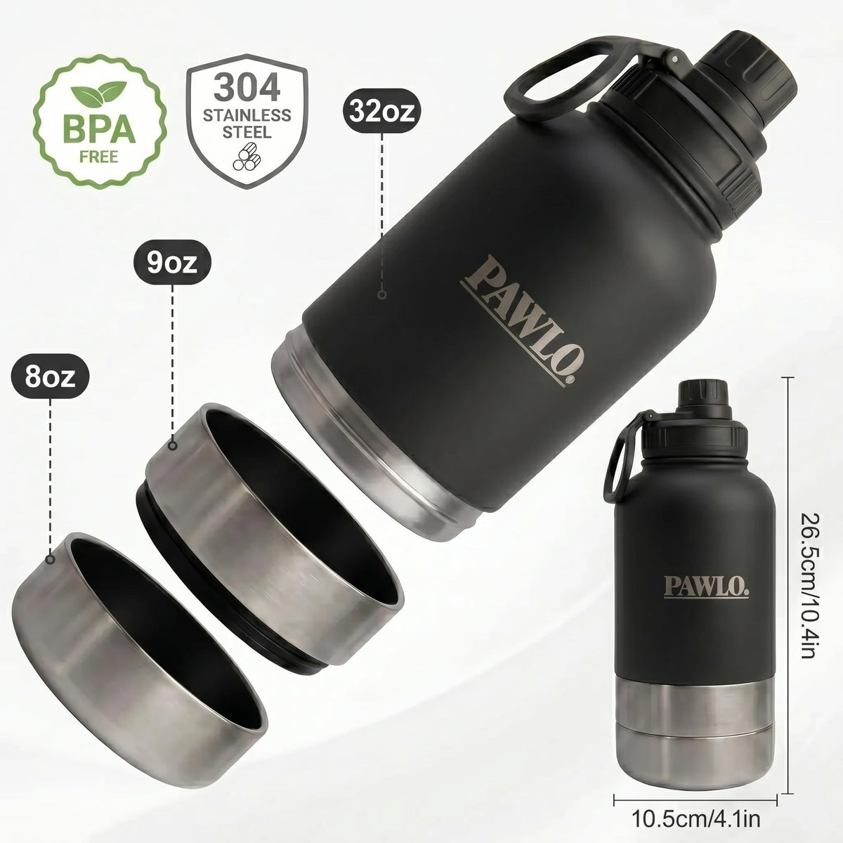 Outdoor Dog Water Bottle with 2 Stainless Steel Bowls (Black)
