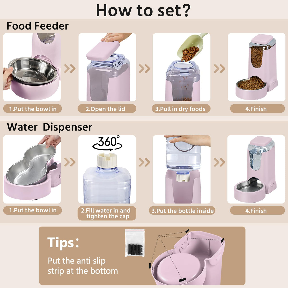 2 Pack Automatic Cat Feeder and Stainless Steel Water Dispenser (1 Gallon x 2 - Violet)