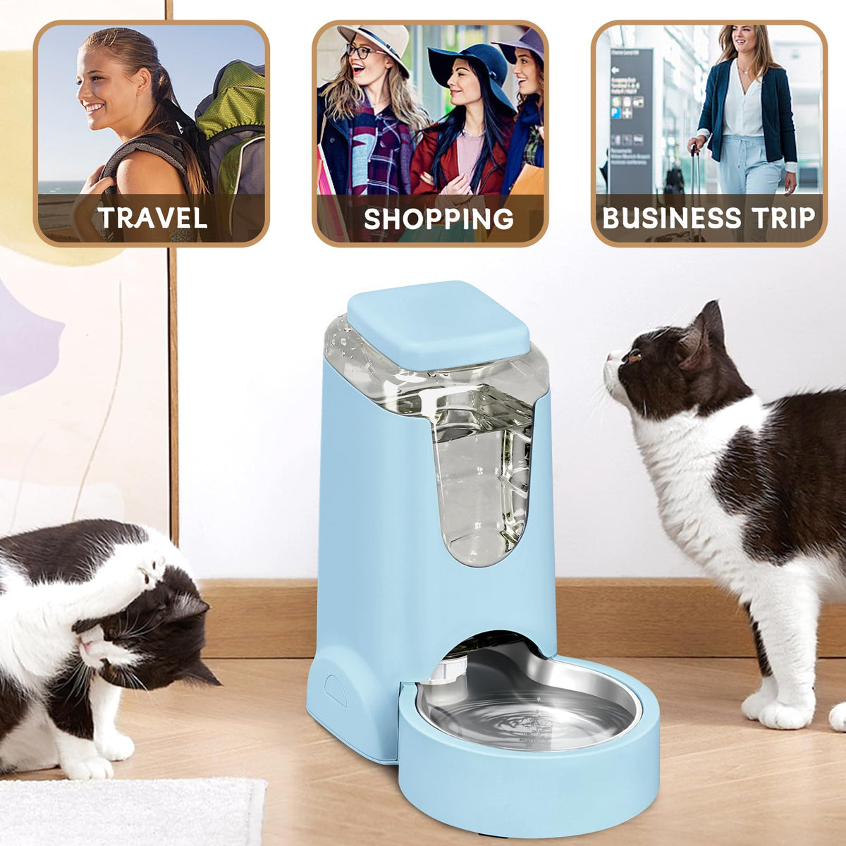 Portable Automatic Cat Feeder and Water Dispenser with Stainless Steel Bowl Dog Gravity Food Feeder and Waterer for Small Medium Pets Puppy Kitten 1 Gallon x 2 (Sky Blue)