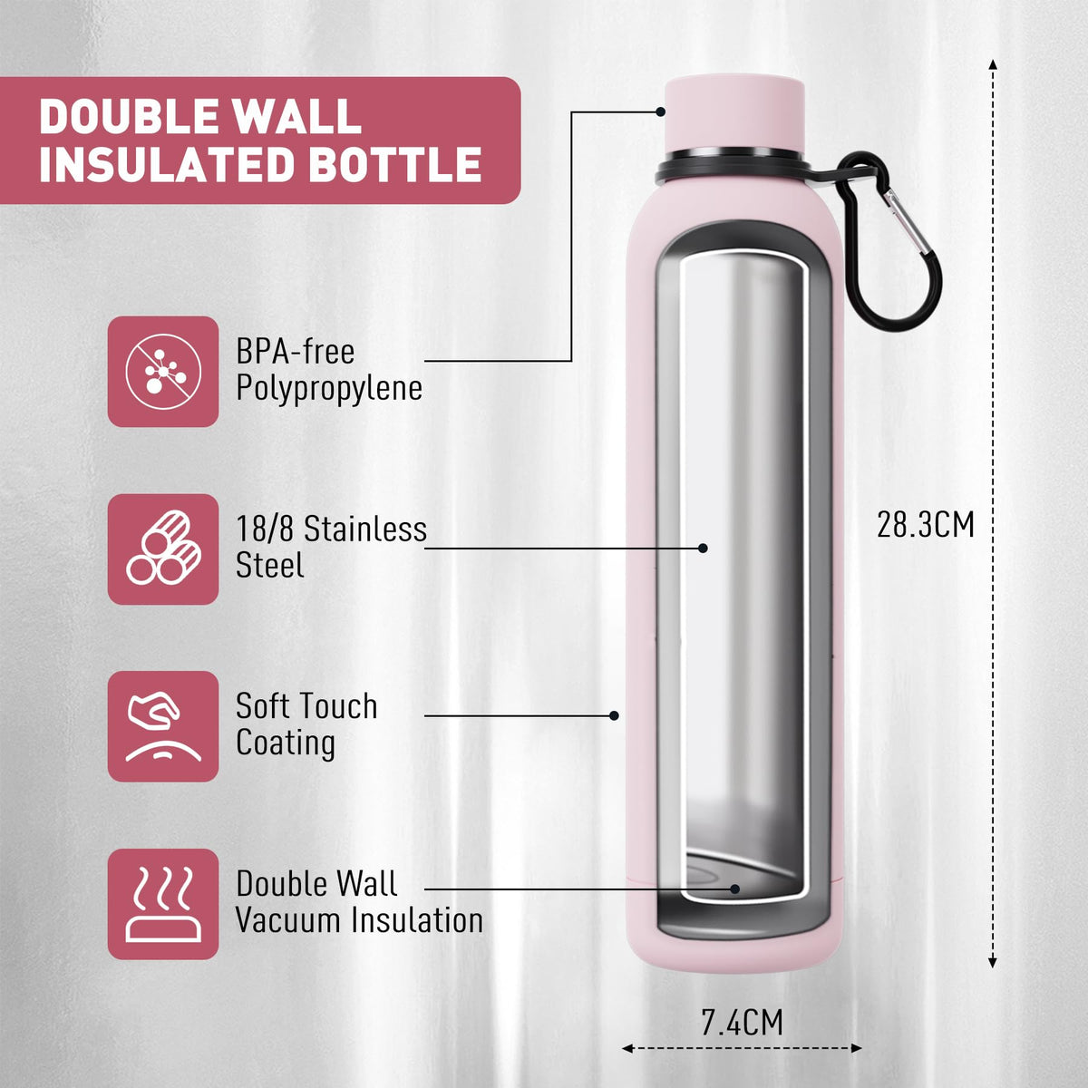 Slim Insulated Water Bottles for Travel 25oz with Clip (750 ml / Pink)