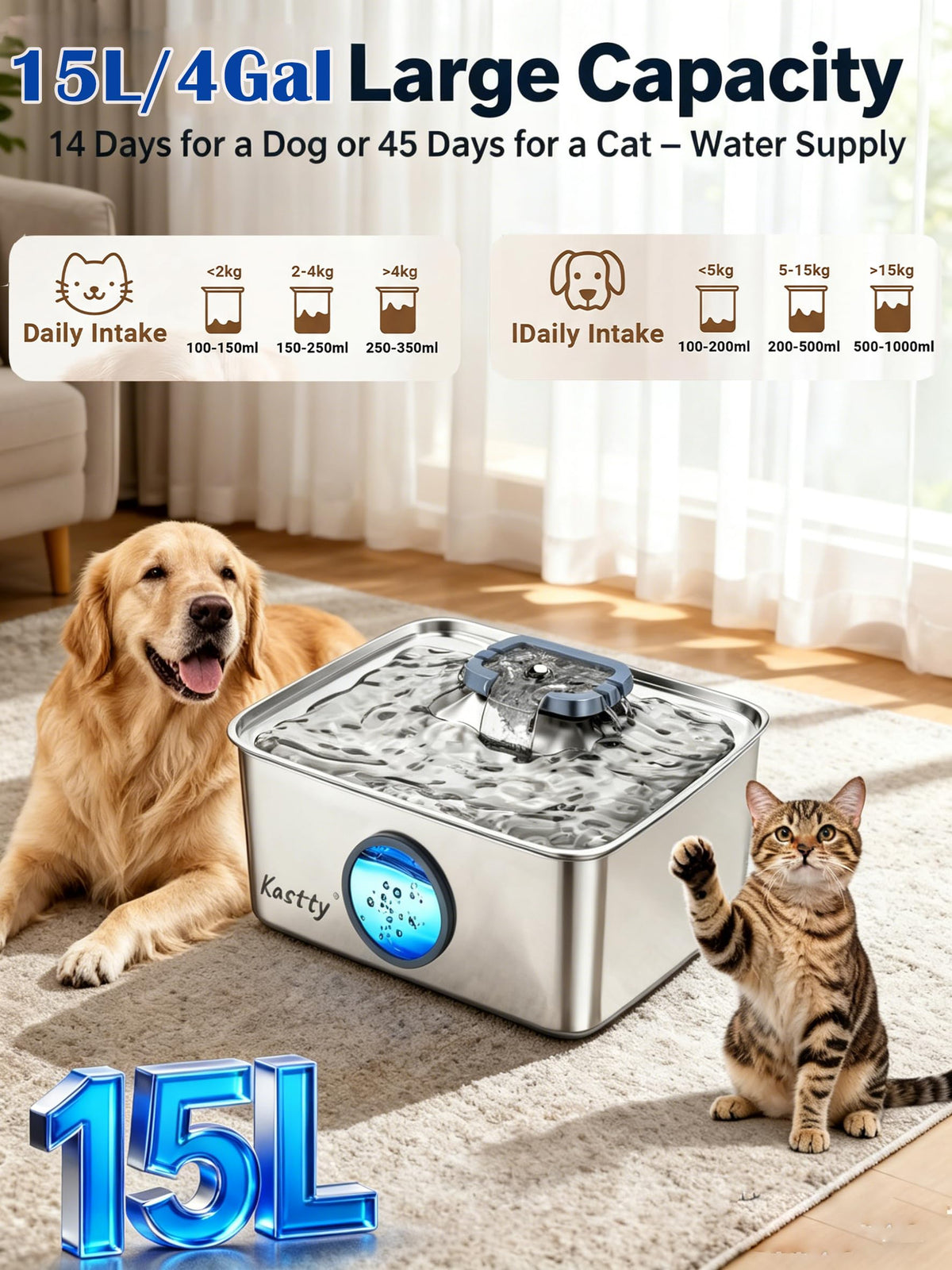 15L 4 Gal Stainless Steel Dog Water Fountain for Large Dogs