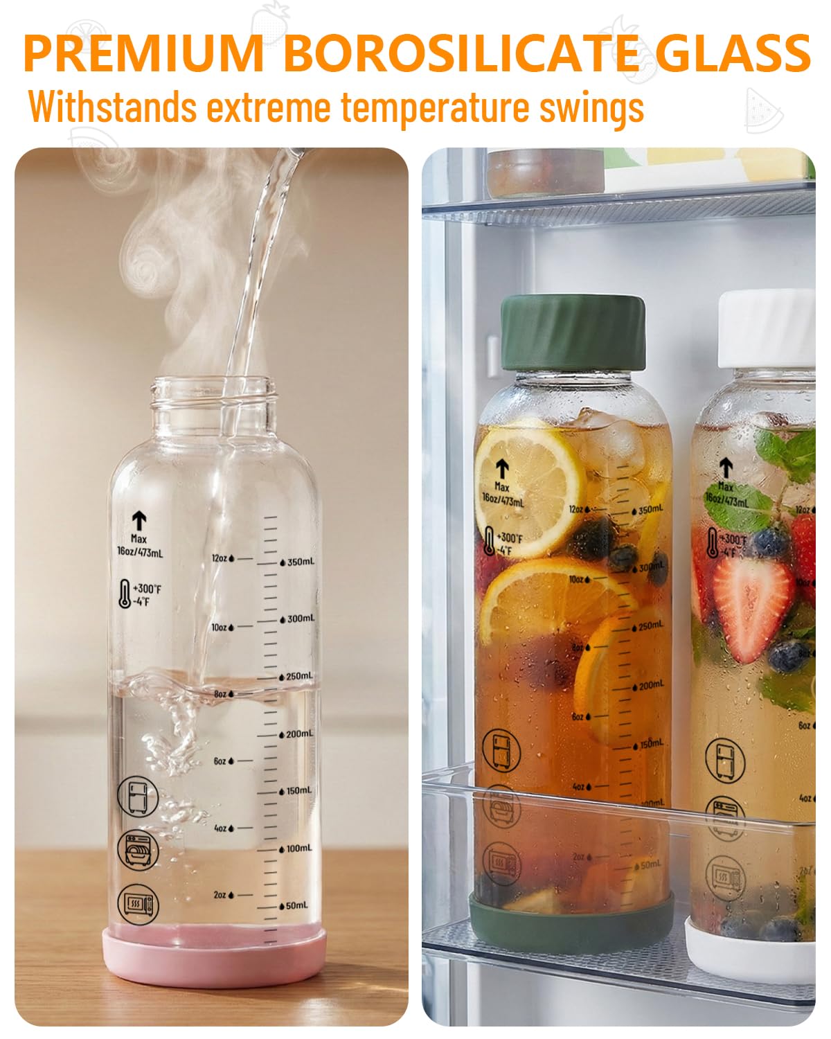 Glass Water Bottles with Stainless Steel Lid 16 oz (Pink-Amber)