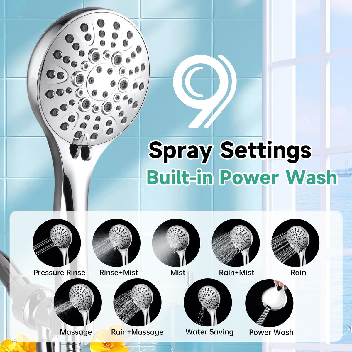 High Pressure Shower Head with Handheld (1.8 GPM | 9 Modes / Chrome)