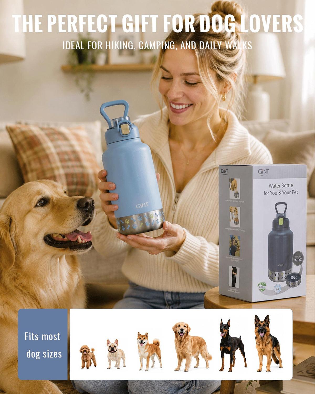 37oz 1.1L Insulated Dog Water Bottle with Carrying Case (Blue)