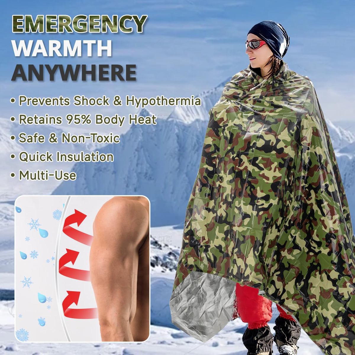 Survival Emergency Thermal Blankets (Woodland Camo / 4 Pack)