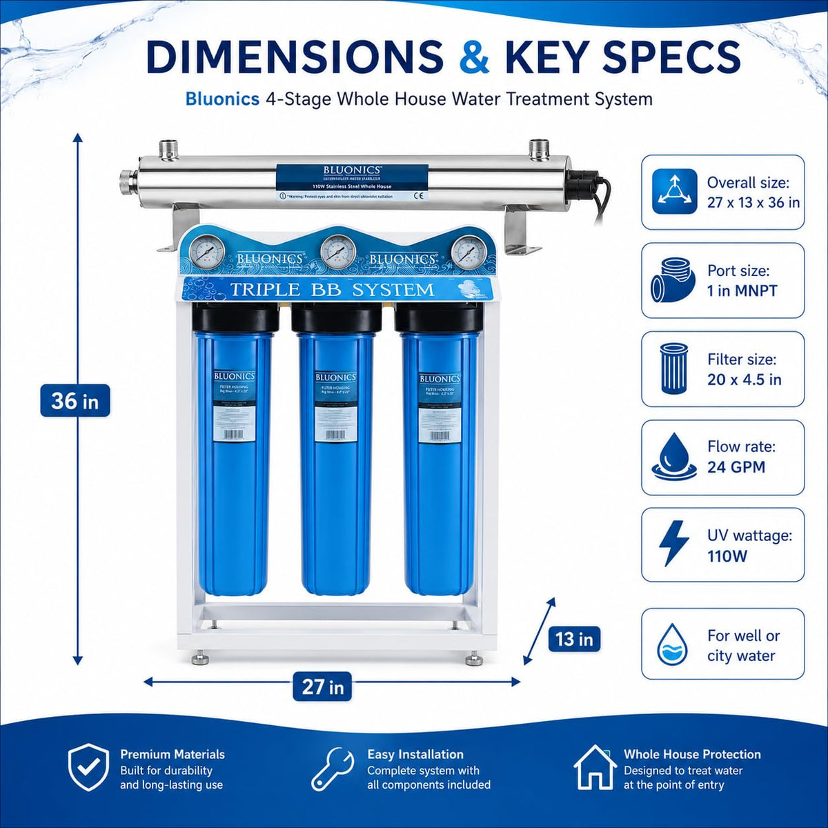 110W Whole House Water Filter System (Premium Triple with UV + Extras)