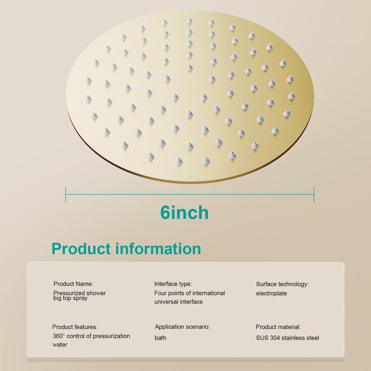 All Metal 6Inch Rain Shower Head (Brushed Gold / 6 Inch)