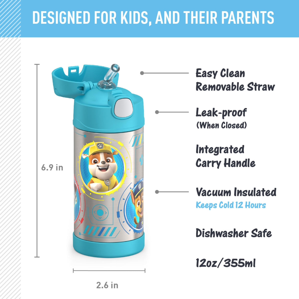 FUNTAINER Water Bottle with Straw (Paw Patrol Blue / 12 Ounces)