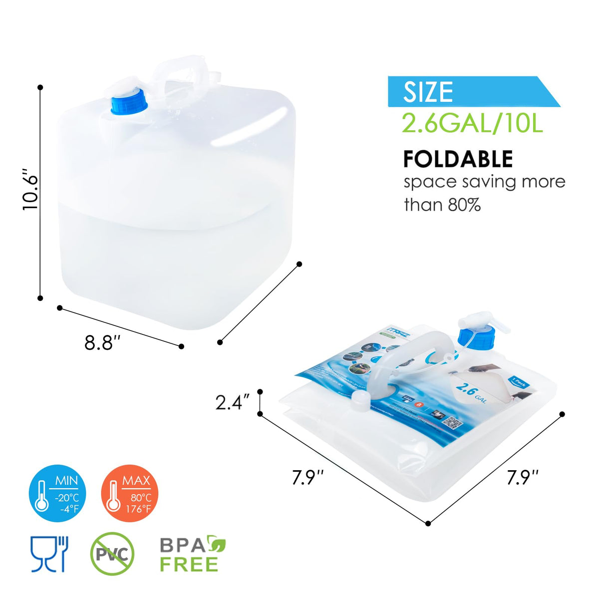 BPA Free Collapsible Water Container with Spigot (2-Pack 2.6 Gal)