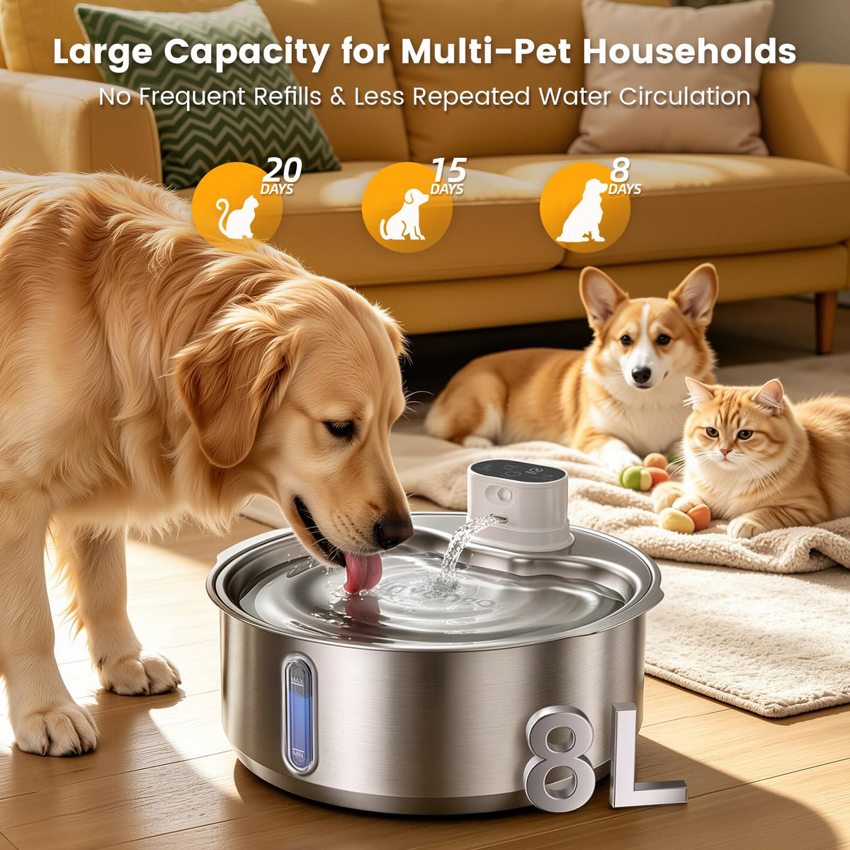 8L 270oz Cordless Stainless Steel Dog Water Fountain