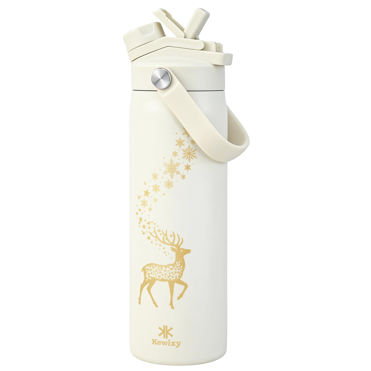 Christmas Water Bottle with Straw Insulated (Golden Reindeer / 24 Ounces)