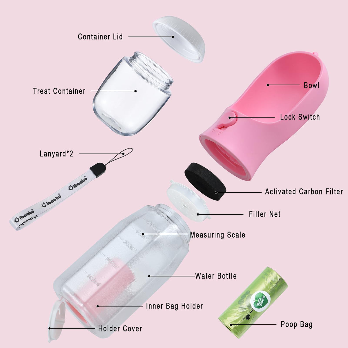 Dog Water Bottle with Food Container & Poop Bag Holder & Filter (#03 Pink / 12oz)