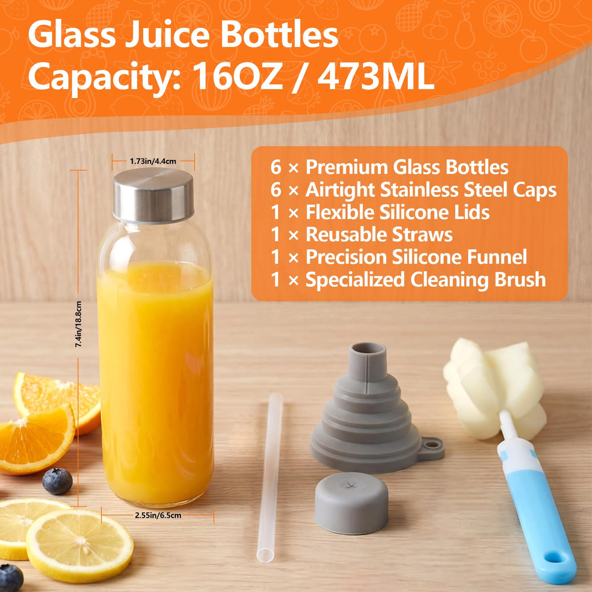 Glass Water Bottles with Lids 16 oz (Clear Glass Bottle 6 Pack / 16 Ounces (Pack of 8))