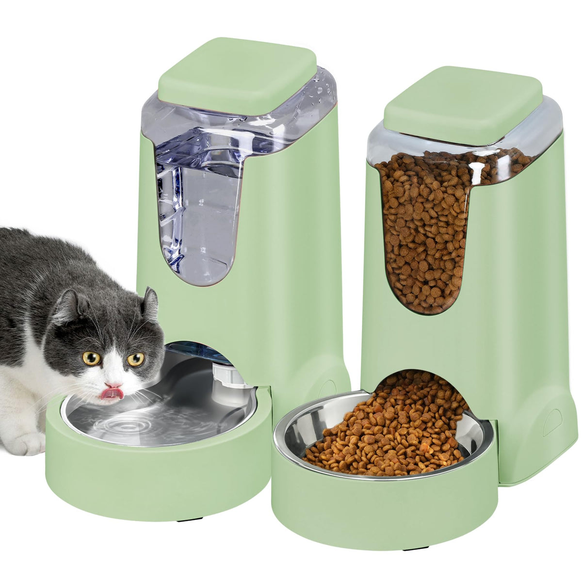 2 Pack Automatic Cat Feeder and Stainless Steel Water Dispenser (1 Gallon x 2 - Green)