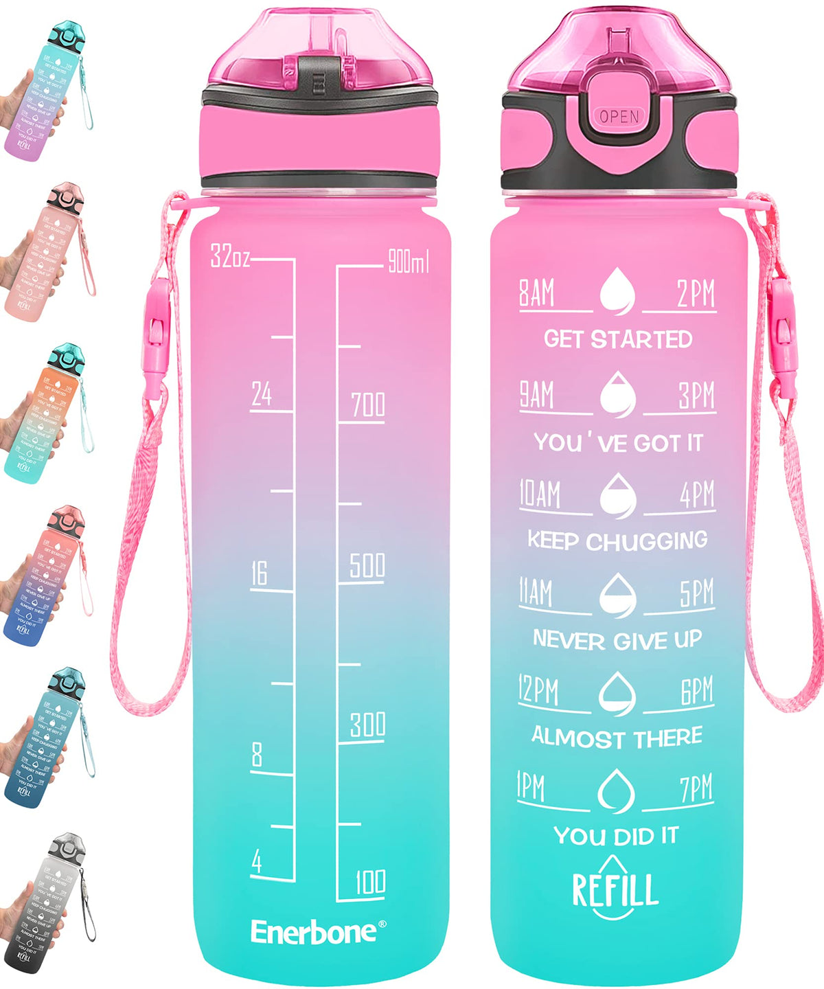 32 oz Drinking Water Bottle with Times to Drink and Straw (Pink-Green)