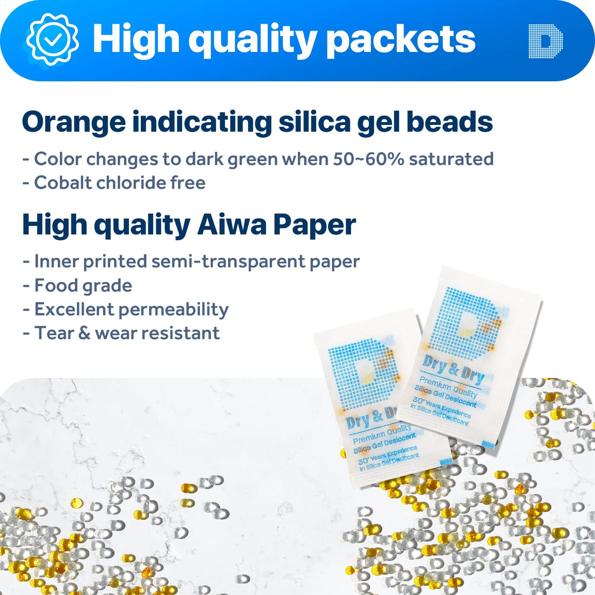 2 Gram [50 Packets] Orange Indicating Silica Gel Packets Desiccants Silica Packets (2 Gram)