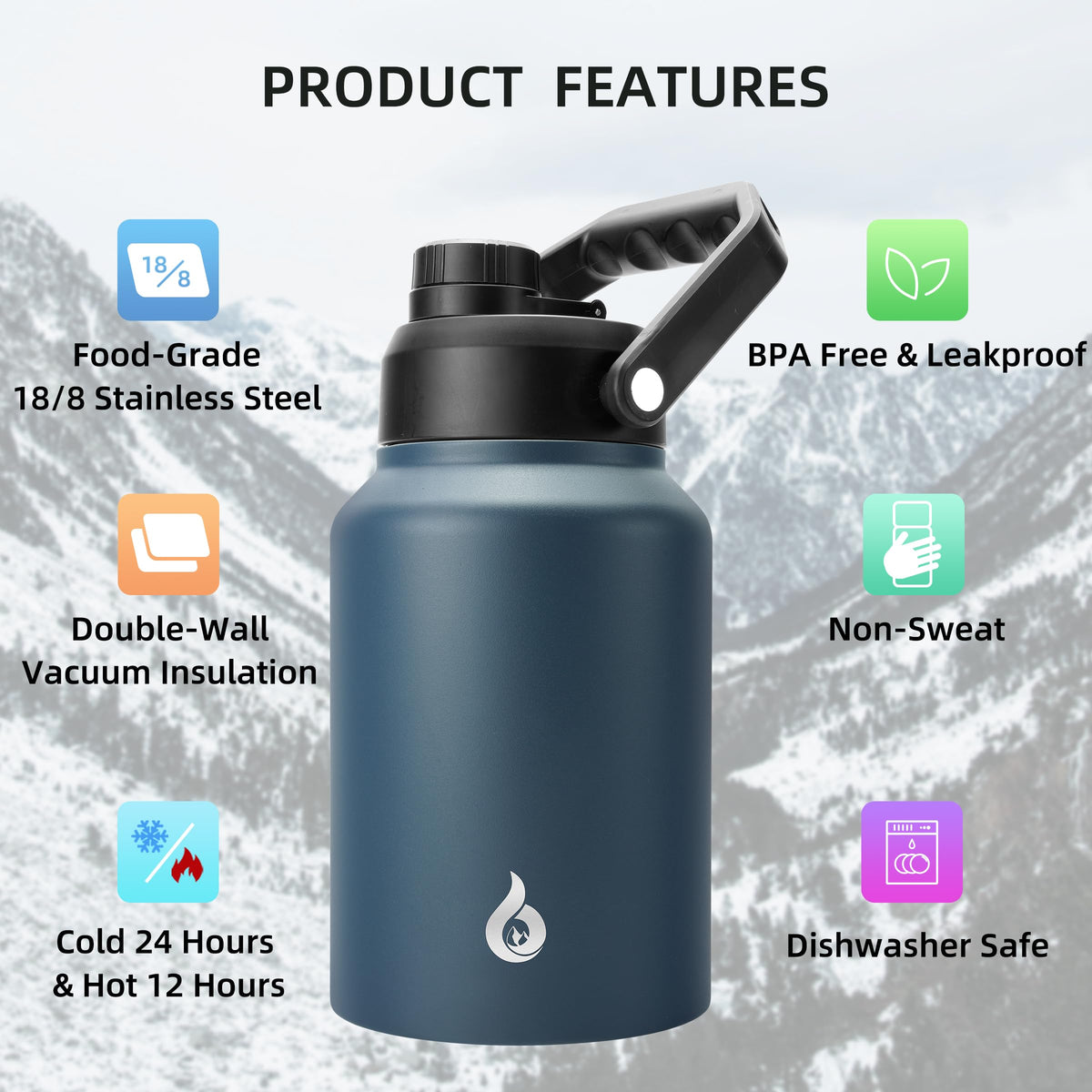 64oz Insulated Water Bottle (64oz / Navy Blue)