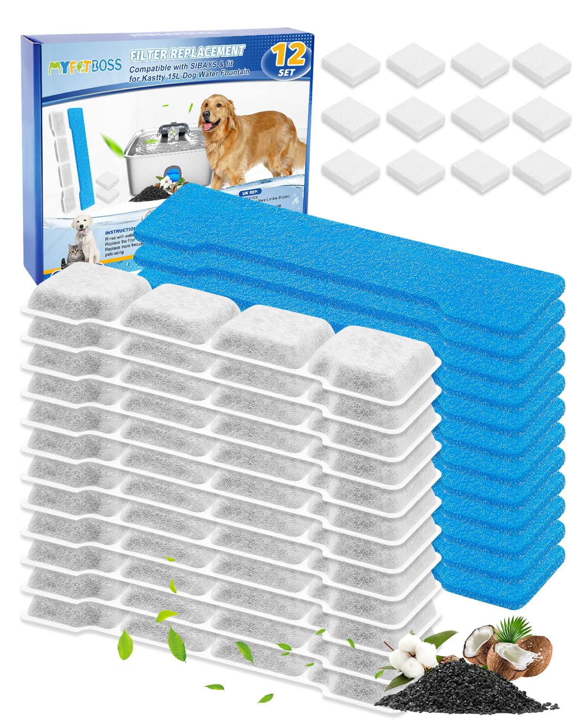 12 Set Dog Water Fountain Filter Fit for SIBAYS Dog Fountain 15L