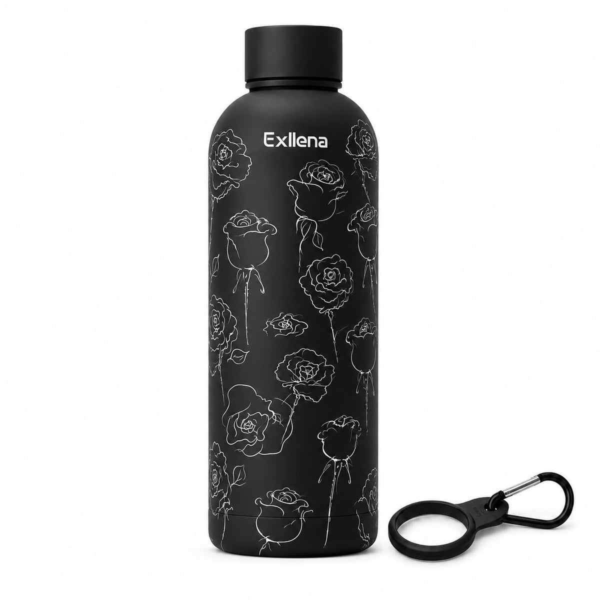 32oz Metal Water Bottle for Travel with Clip (32 Ounces / Black Rose)