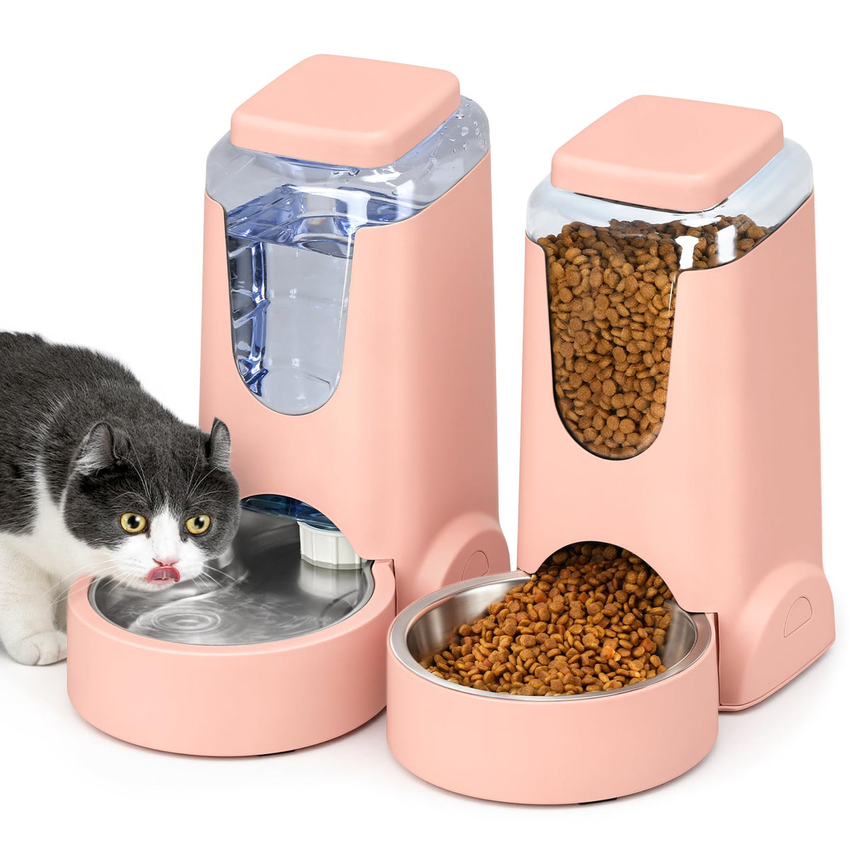 Auto Cat Feeder and Dog Water Dispenser with Stainless Steel Bowl (1 Gallon x 2 - Sakura Pink)
